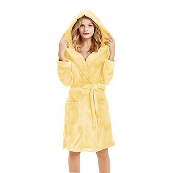 Women Hooded Fleece Bathrobe Soft Warm Short Plush Robe with Pockets