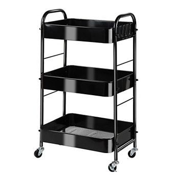 3 tier Rolling Utility Cart With Wheels Hooks Metal Storage Organizer Black