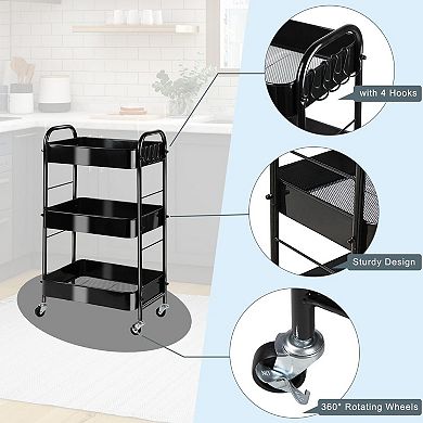 3 Tier Rolling Utility Cart With Wheels Hooks Metal Storage Organizer Black