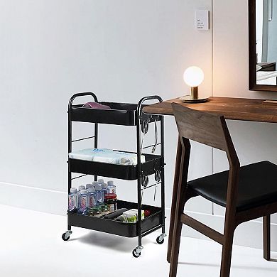 3 Tier Rolling Utility Cart With Wheels Hooks Metal Storage Organizer Black