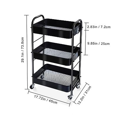 3 Tier Rolling Utility Cart With Wheels Hooks Metal Storage Organizer Black