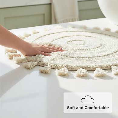Half Circle Boho Bath Rug Hand Woven Cotton Tassels Non Slip Absorbent Machine Washable