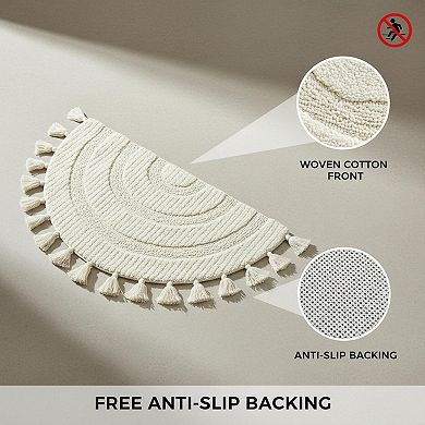 Half Circle Boho Bath Rug Hand Woven Cotton Tassels Non Slip Absorbent Machine Washable