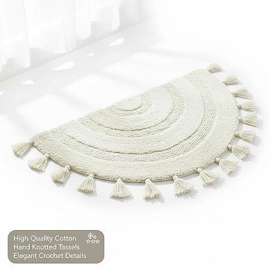 Half Circle Boho Bath Rug Hand Woven Cotton Tassels Non Slip Absorbent Machine Washable