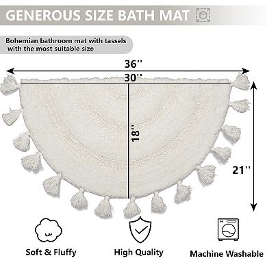 Half Circle Boho Bath Rug Hand Woven Cotton Tassels Non Slip Absorbent Machine Washable