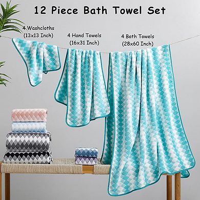 12 Piece Towel Set Soft Microfiber Hanging Loop Absorbent Quick Dry