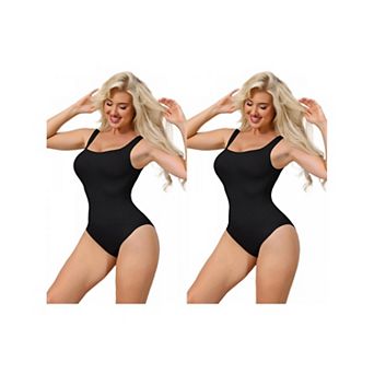 2 Packs Ribbed Shapewear Bodysuits for Women Square Neck Tank Tops Thong Sleeveless Bodyshaper