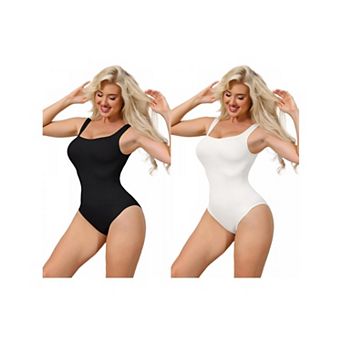 2 Packs Ribbed Shapewear Bodysuits for Women Square Neck Tank Tops Thong Sleeveless Bodyshaper