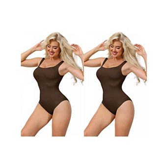 2 Packs Ribbed Shapewear Bodysuits for Women Square Neck Tank Tops Thong Sleeveless Bodyshaper