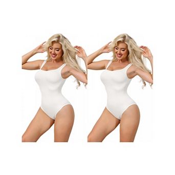 2 Packs Ribbed Shapewear Bodysuits for Women Square Neck Tank Tops Thong Sleeveless Bodyshaper