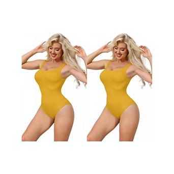 2 Packs Ribbed Shapewear Bodysuits for Women Square Neck Tank Tops Thong Sleeveless Bodyshaper