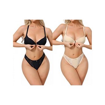 2 Packs 2 pc for Women Lace Lingerie Sets Front Closure Underwire Bra and Low Waisted Briefs Set