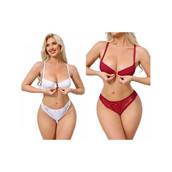 2 Packs 2 pc for Women Lace Lingerie Sets Front Closure Underwire Bra and Low Waisted Briefs Set