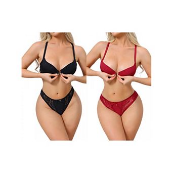 2 Packs 2 pc for Women Lace Lingerie Sets Front Closure Underwire Bra and Low Waisted Briefs Set
