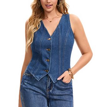 Women's Denim Vests Crop V Neck Sleeveless Button Down Western Waistcoat Jean Vest Tops