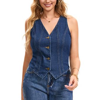 Women's Denim Vests Crop V Neck Sleeveless Button Down Western Waistcoat Jean Vest Tops