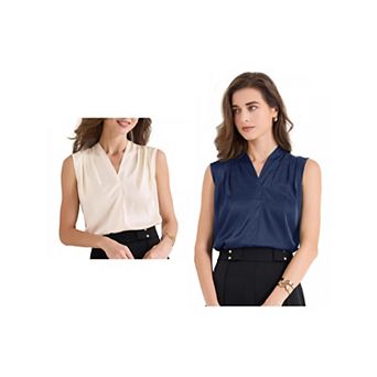 2 Packs Women's Silk Satin Tank Top V Neck Sleeveless Ruched Blouse Summer Basic Tank Shirt