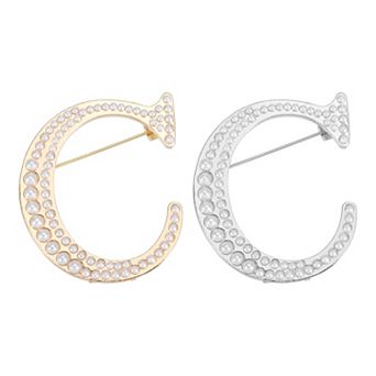 2 pc Letter Brooch Pins, Pearl Initial Alphabet Letter Lapel Badges Pin
