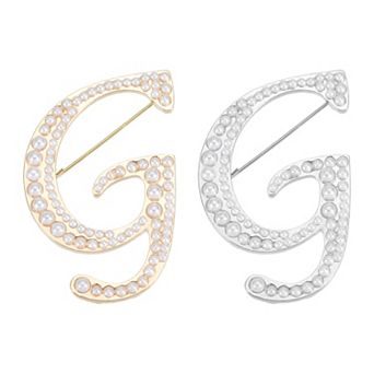 2 pc Letter Brooch Pins, Pearl Initial Alphabet Letter Lapel Badges Pin