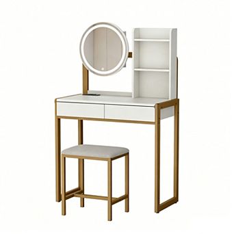 Vanity Desk with LED Lighted Mirror, Stylish Dressing Table with 2 drawers for Bedroom,White & Gold