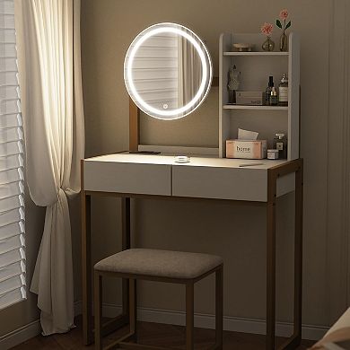 Vanity Desk with LED Lighted Mirror, Stylish Dressing Table with 2 drawers for Bedroom,White & Gold