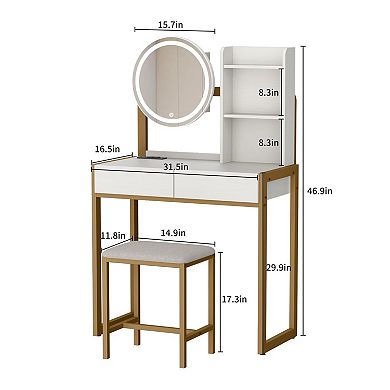Vanity Desk with LED Lighted Mirror, Stylish Dressing Table with 2 drawers for Bedroom,White & Gold