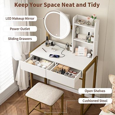 Vanity Desk with LED Lighted Mirror, Stylish Dressing Table with 2 drawers for Bedroom,White & Gold