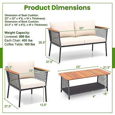 4 Piece Patio Rattan Furniture Set with 2-Tier Coffee Table