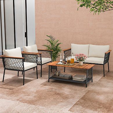 4 Piece Patio Rattan Furniture Set with 2-Tier Coffee Table