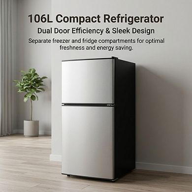 Compact Refrigerator - 106L 2 door Fridge with Top Door Freezer and LED Light