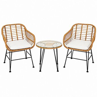 3 pc Rattan Furniture Set with Cushioned Chair Table