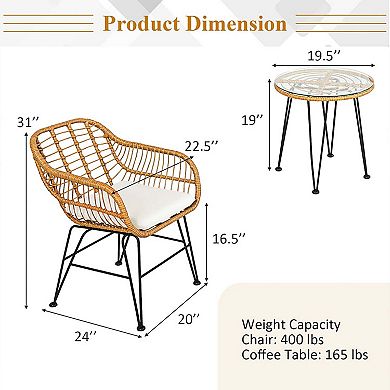 3 Pieces Rattan Furniture Set with Cushioned Chair Table