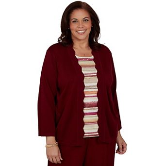 Plus Size Alfred Dunner Union Square Scalloped Cardi 2-in-1 Striped Sweater