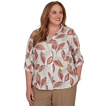 Plus Size Alfred Dunner Union Square Sketched Leaf Button Front Knit Top