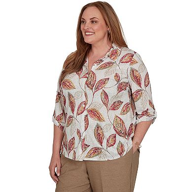 Plus Size Alfred Dunner Union Square Sketched Leaf Button Front Knit Top