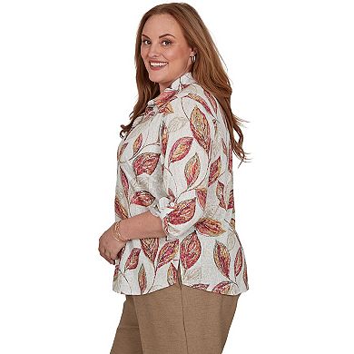 Plus Size Alfred Dunner Union Square Sketched Leaf Button Front Knit Top