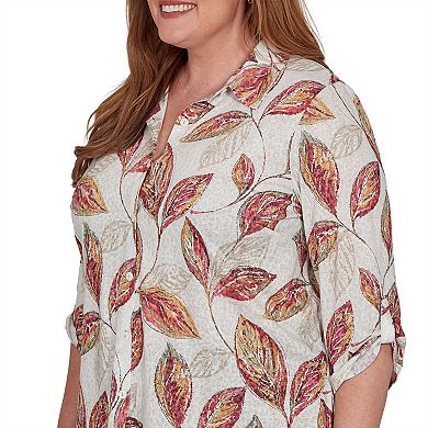 Plus Size Alfred Dunner Union Square Sketched Leaf Button Front Knit Top