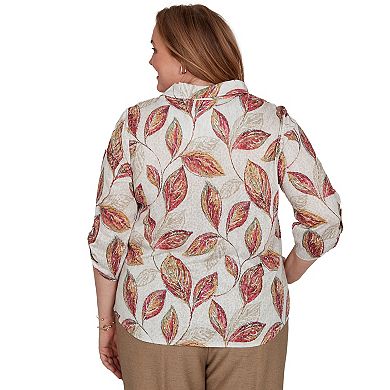 Plus Size Alfred Dunner Union Square Sketched Leaf Button Front Knit Top