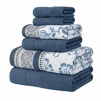Floral Trail 6 pc Cotton Towel Set Reversible Yarn Dyed Jacquard Absorbent Quick Dry Soft Durable