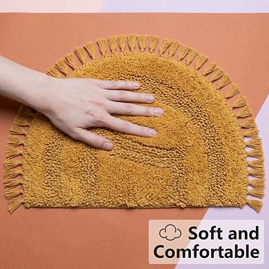 Hand Crocheted Half Circle Boho Bathroom Rug Non Slip Absorbent Cotton Tassels Machine Washable