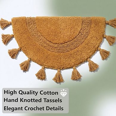 Hand Crocheted Half Circle Boho Bathroom Rug Non Slip Absorbent Cotton Tassels Machine Washable