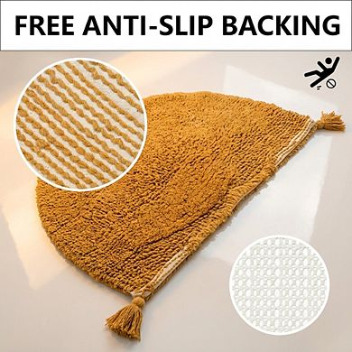 Hand Crocheted Half Circle Boho Bathroom Rug Non Slip Absorbent Cotton Tassels Machine Washable