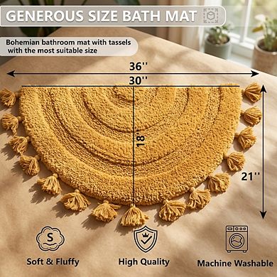 Hand Crocheted Half Circle Boho Bathroom Rug Non Slip Absorbent Cotton Tassels Machine Washable