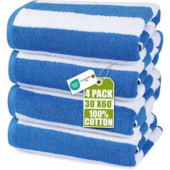 Pack Of 4 Cabana Beach Towels Oversized 30x60 Inch Ring-Spun Cotton Striped Pool Towel Set Blue