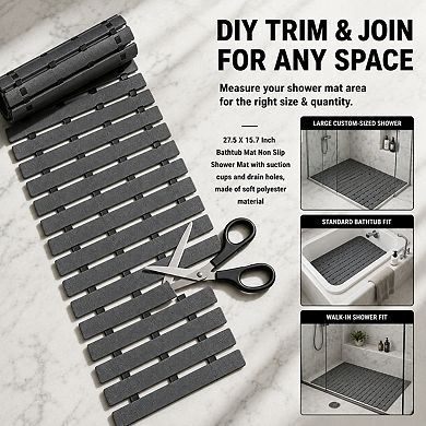 Non Slip Bathtub Mat Suction Cups Drain Holes Easy Cut Soft Safe Bathroom Mat
