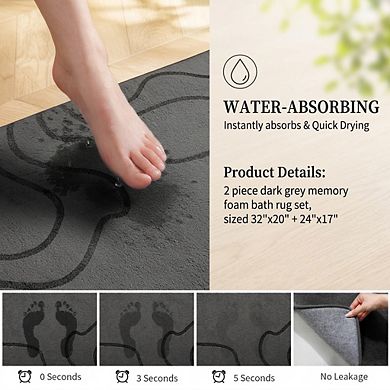 Memory Foam Bathroom Rugs 2-Piece Extra Thick Ultra Soft Absorbent Non Slip Machine Washable Bath