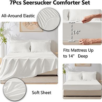 Queen Comforter Set Seersucker 7 Pieces, Luxury Soft Bedding Set with Down Alternative Comforter