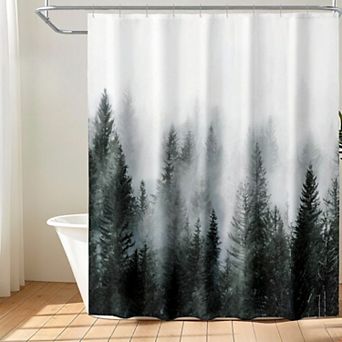 Misty Forest Shower Curtain for Bathroom,Woodland Shower Curtain Set with Hooks,Decorative Pine Tree
