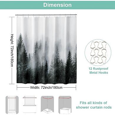 Misty Forest Shower Curtain for Bathroom,Woodland Shower Curtain Set with Hooks,Decorative Pine Tree