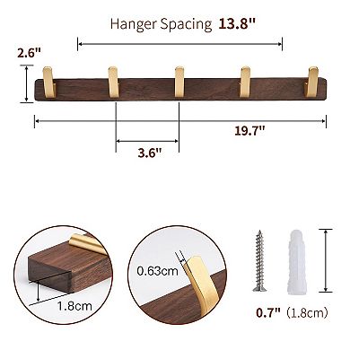 Wall Mounted Coat Rack Walnut Wood Rail 5 Rustic Hooks Entryway Organizer for Hat Bag Towel Key